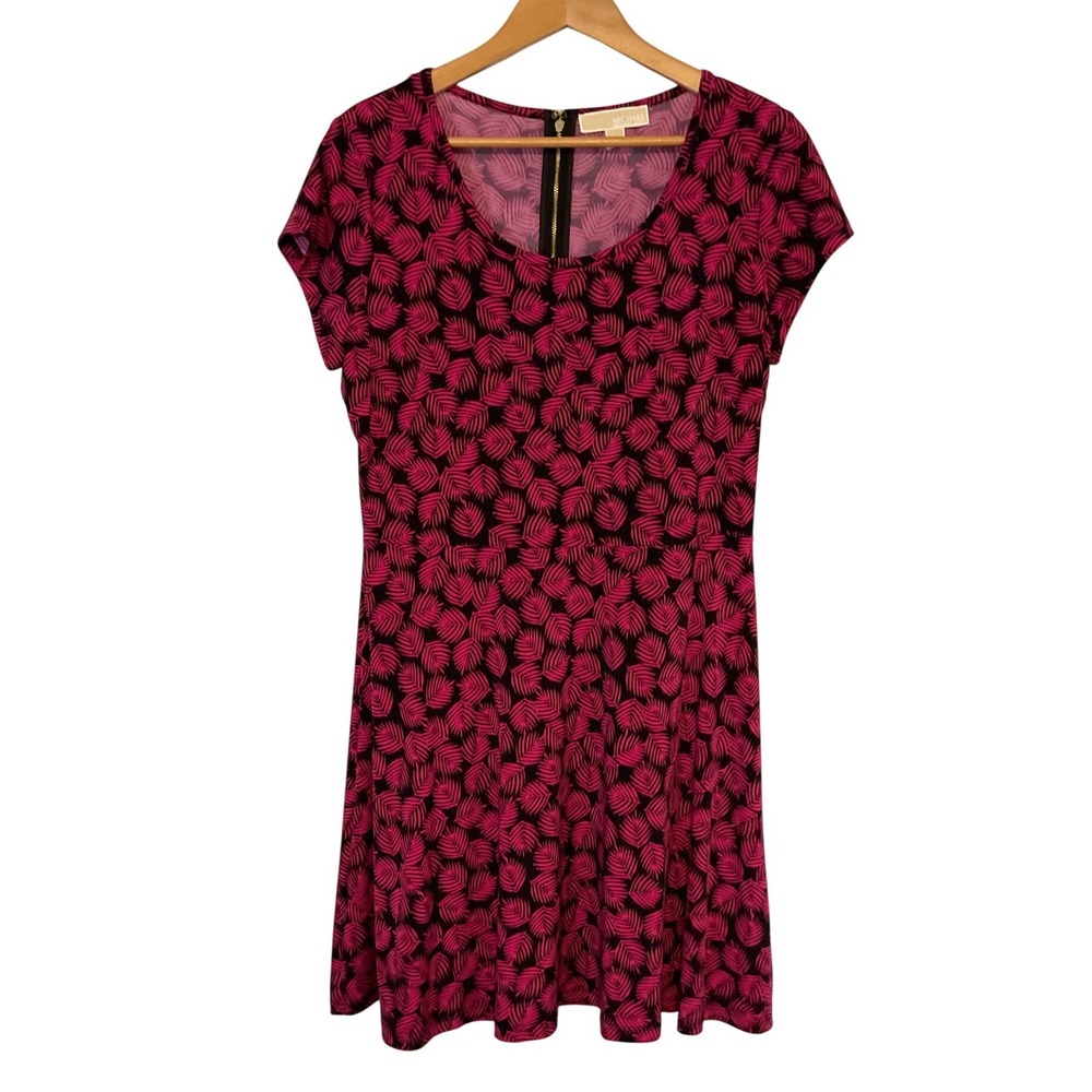 Michael Kors Pink Black Palm Leaf Print Fit & Flare Dress Scoop Neck - Picture 6 of 8